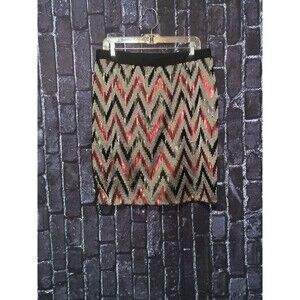 Cato Sequin Chevron Pencil Skirt Womens Large Black Red Gold Stretch Knee Length